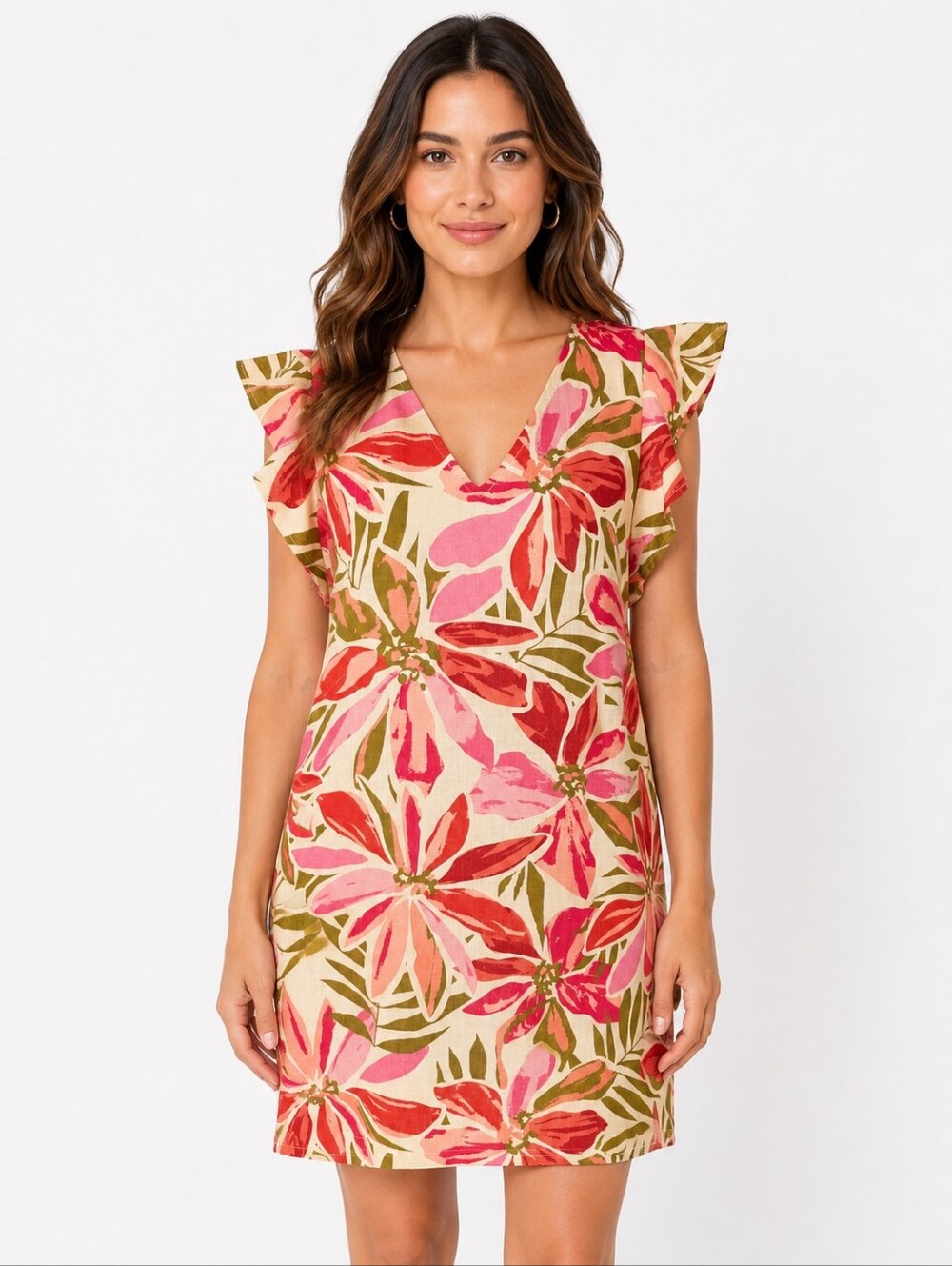 Nicole Miller New York Linen Floral Shift Dress Ruffle Sleeve Size S